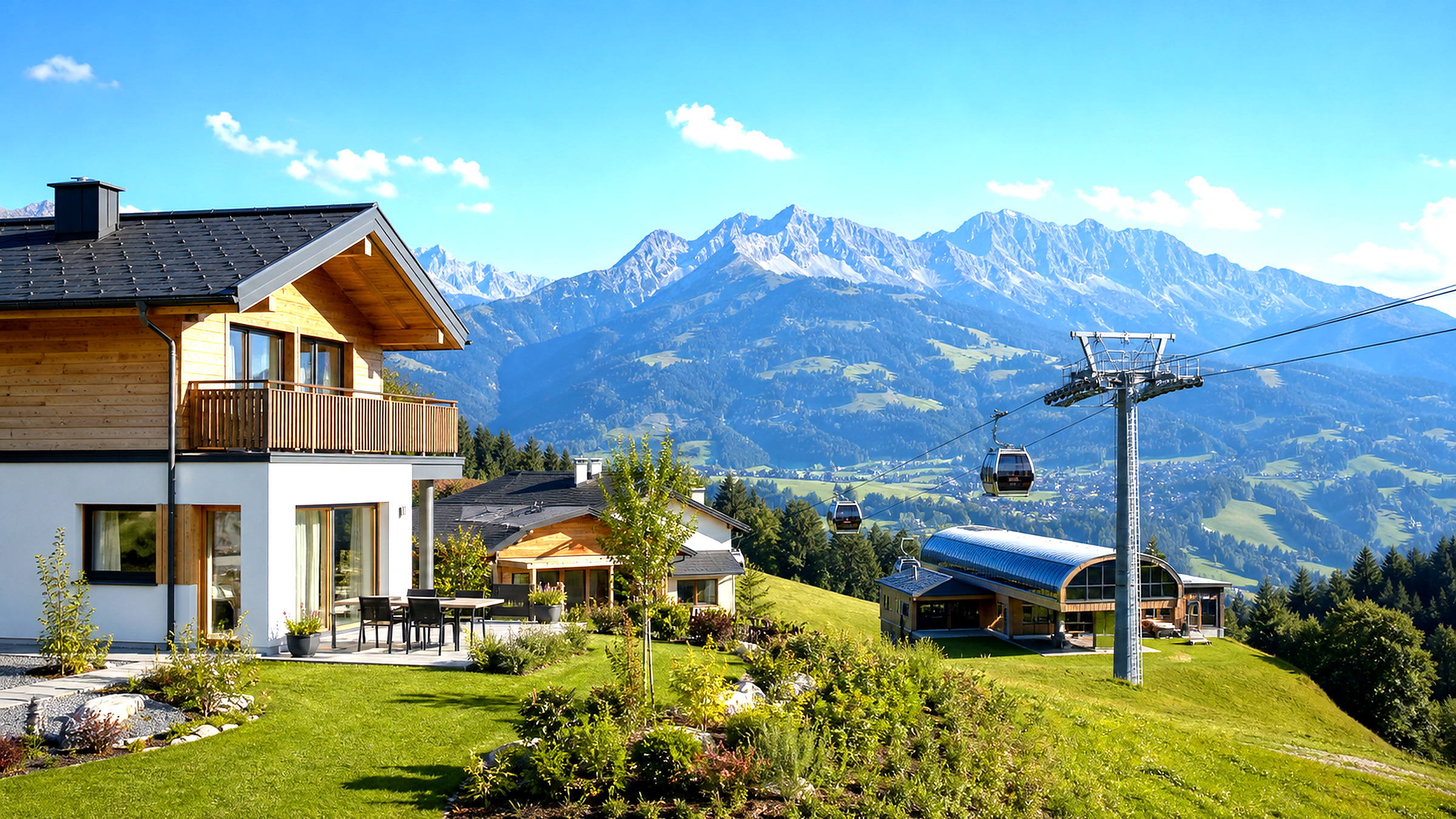 Alpiner Ort mit Bergbahn und Häusern im Tal